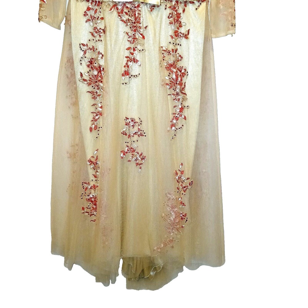 SPECIAL OCCASION Embroidered Red Rhinestone Women Long Dress Gown 18 Sheer Nude - Picture 10 of 14